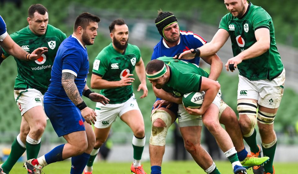 14 February 2021; Rob Herring of Ireland is tackled by Grégory Alldritt of France during the Guinness Six Nations Rugby Championship match between Ireland and France at the Aviva Stadium in Dublin. Photo by Brendan Moran/Sportsfile