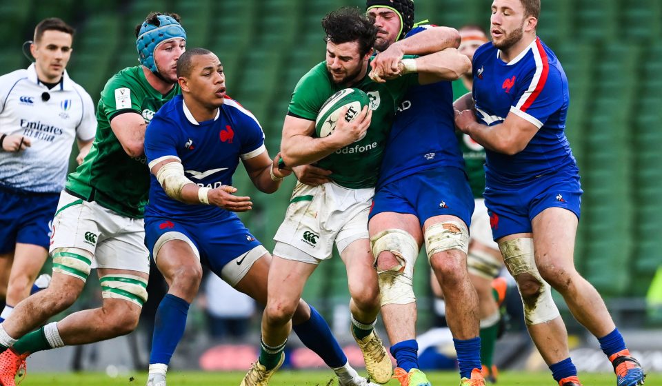 14 February 2021; Robbie Henshaw of Ireland is tackled by Grégory Alldritt of France during the Guinness Six Nations Rugby Championship match between Ireland and France at the Aviva Stadium in Dublin. Photo by Brendan Moran/Sportsfile