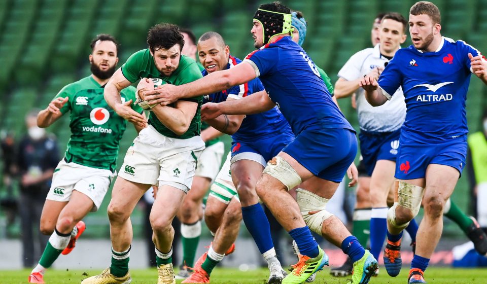 14 February 2021; Robbie Henshaw of Ireland is tackled by Grégory Alldritt of France during the Guinness Six Nations Rugby Championship match between Ireland and France at the Aviva Stadium in Dublin. Photo by Brendan Moran/Sportsfile