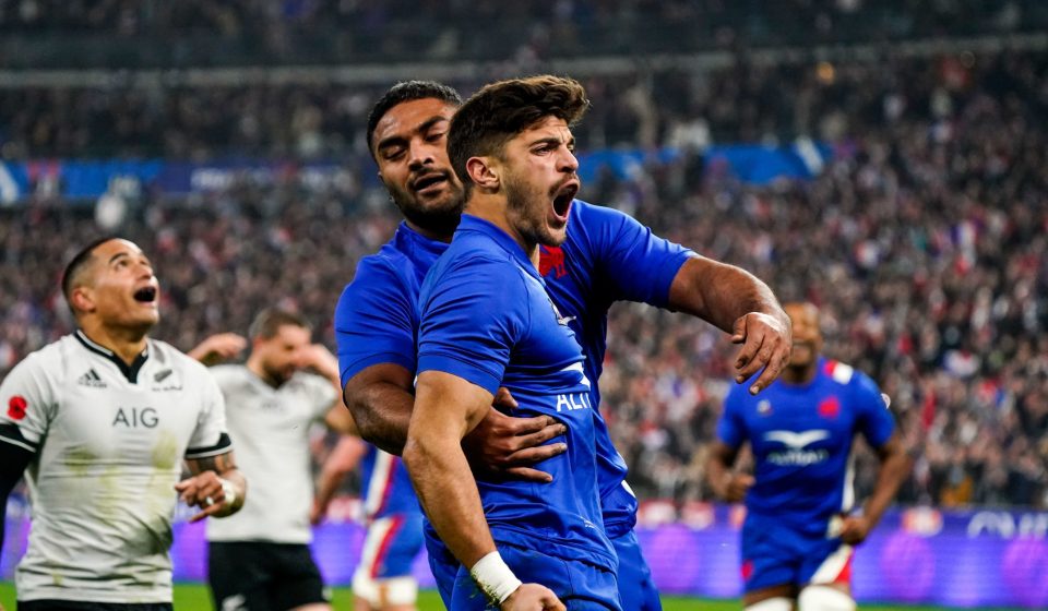 Romain NTAMACK of France celebrate his try with Peato MAUVAKA of France during the Autumn Nations Series match between France and New Zealand on November 20, 2021 in Paris, France. (Photo by Hugo Pfeiffer/Icon Sport) - Stade de France - Paris (France)