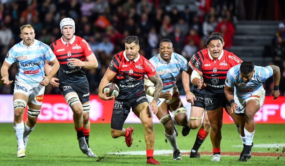 Sofiane GUITOUNE of Stade Toulousain and Cameron WOKI of Racing 92 during the Top 14 match between Toulouse and Racing 92 on September 24, 2022 in Toulouse, France. (Photo by Franco Arland/Icon Sport)