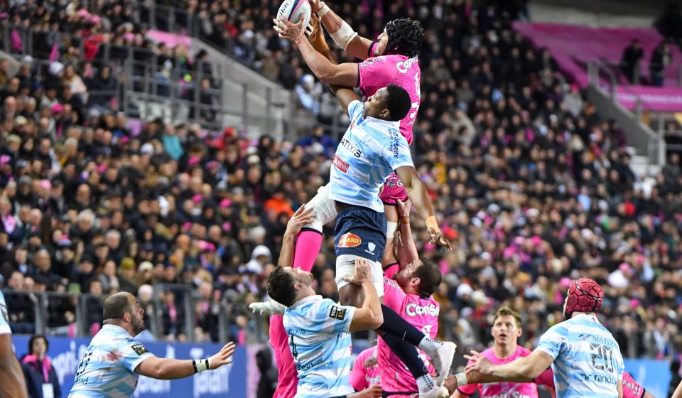 Paul GABRILLAGUES of Stade Francais and Cameron WOKI of Racing 92 during the Top 14 match between Stade Francais and Racing 92 at Stade Jean Bouin on March 26, 2023 in Paris, France. (Photo by Franco Arland/Icon Sport)