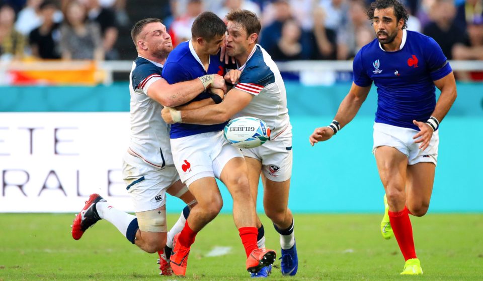 France's Thomas Ramos is challenged during the 2019 Rugby World Cup match at the Fukuoka Hakatanomori Stadium, Japan. ..Photo by Icon Sport -  (Japon)