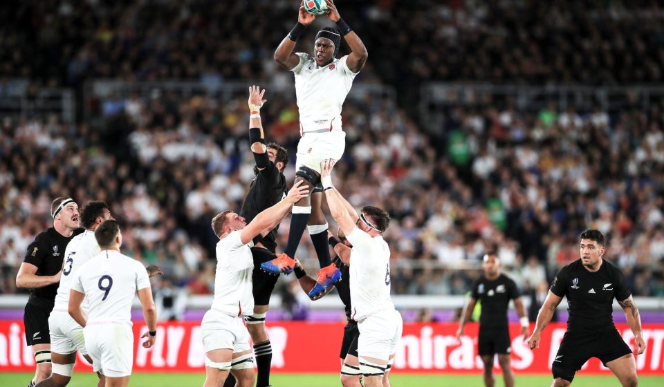 England's Maro Itoje wins a lineout during the 2019 Rugby World Cup Semi Final match at International Stadium Yokohama.