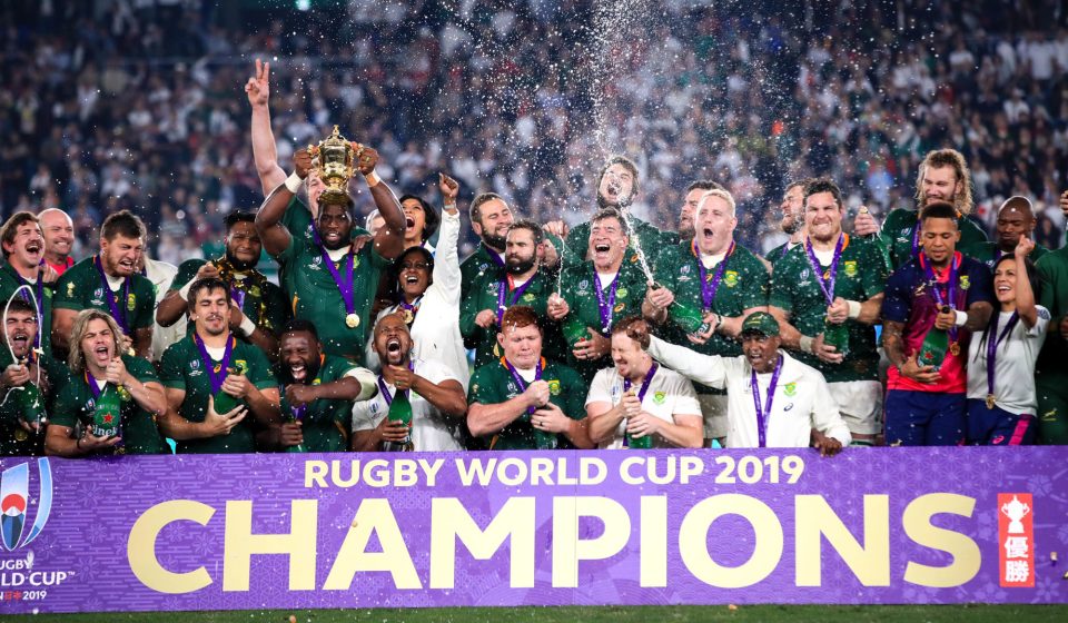 South Africa's Siya Kolisi lifts the Webb Ellis cup after South After win the 2019 Rugby World Cup final match at Yokohama Stadium.