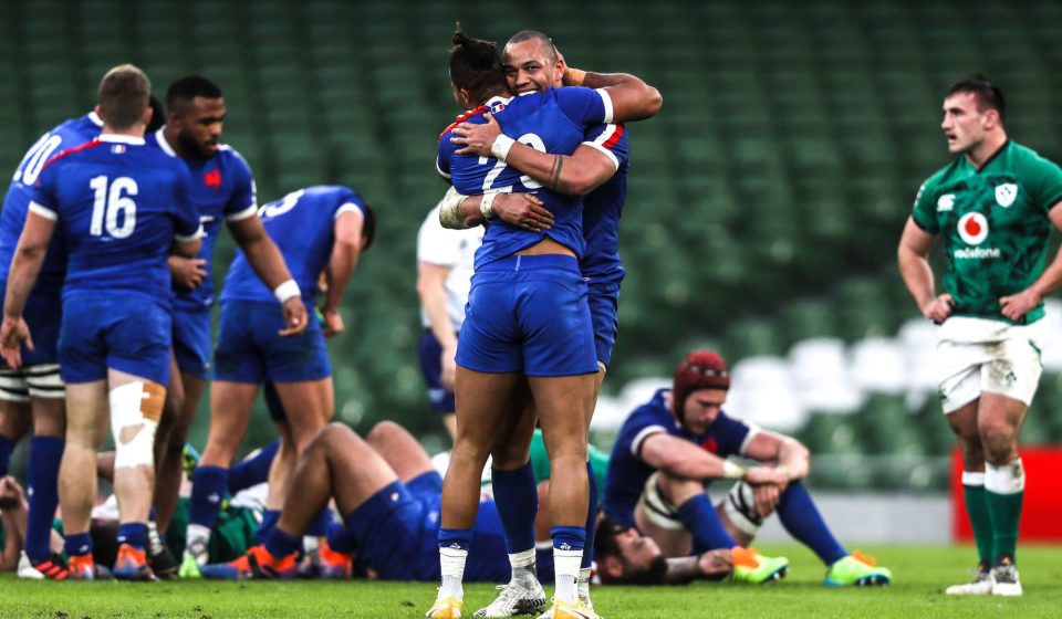 France's Teddy Thomas (left) and Gael Fickou celebrate at the final whistle after the Guinness Six Nations match at the Aviva Stadium, Dublin. Picture date: Sunday February 14, 2021.