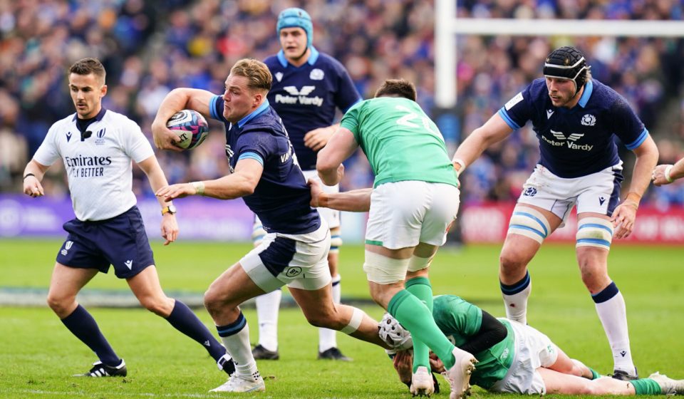 Scotland?s Duhan van de Merwe gets past Ireland?s Jack Conan during the Guinness Six Nations match at BT Murrayfield Stadium, Edinburgh. Picture date: Sunday March 12, 2023. - Photo by Icon sport