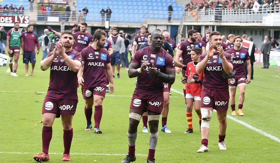 Team of Bordeaux-Begles celebrates the victory during the Top 14 match between USAP Perpignan and Union Bordeaux Begles on December 2, 2018 in Perpignan, France. (Photo by Alexandre Dimou/Icon Sport)