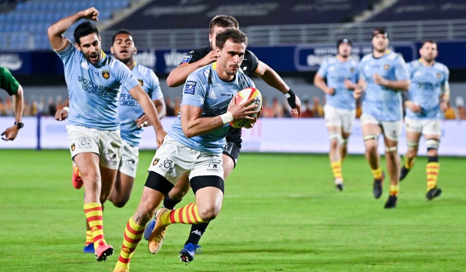 Jean-Bernard PUJOL of Perpignan scores the sixth try  during the Pro D2 match between USAP Perpignan and Provence at Stade Aime Giral on March 11, 2021 in Perpignan, France. (Photo by Alexandre Dimou/Icon Sport) - Jean-Bernard PUJOL - Stade Gilbert Brutus - Perpignan (France)