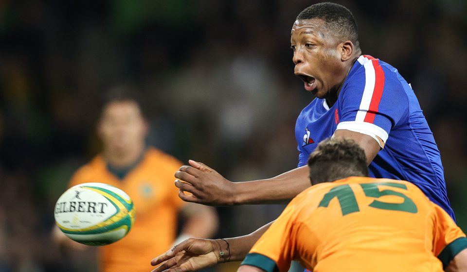 12th July 2021; AAMI Park, Melbourne, Victoria, Australia; International test rugby, Australia versus France; Cameron Woki of France passes the ball