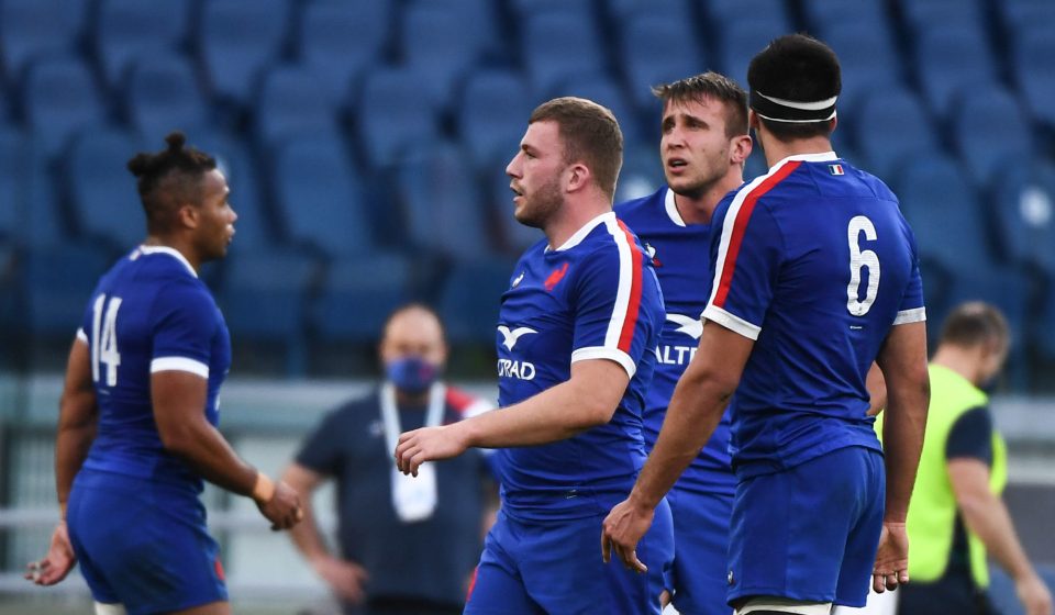 Pierre BOURGARIT of France, Anthony JELONCH of France during the Six Nations Tournament match between Italy and France at Olimpico stadium on February 6, 2021 in Rome, Italy. (Photo by Anthony Dibon/Icon Sport) - Anthony JELONCH - Pierre BOURGARIT - Stadio Olimpico - Rome (Italie)