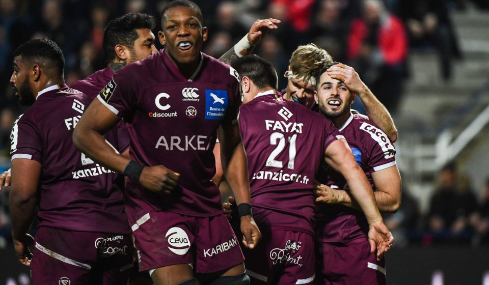 Jules GIMBERT of Bordeaux celebrates with his team mates during the Top 14 match between Clermont and Bordeaux on February 22, 2020 in Clermont-Ferrand, France. (Photo by Anthony Dibon/Icon Sport) - Jules GIMBERT - Stade Marcel Michelin - Clermont Ferrand (France)