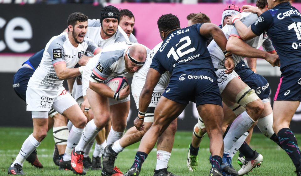 Sebastien Bezy and Leonardo Ghiraldini of Stade Toulousain during the Top 14 match between Stade Francais and Toulouse at Stade Jean Bouin on March 24, 2018 in Paris, France. (Photo by Anthony Dibon/Icon Sport)