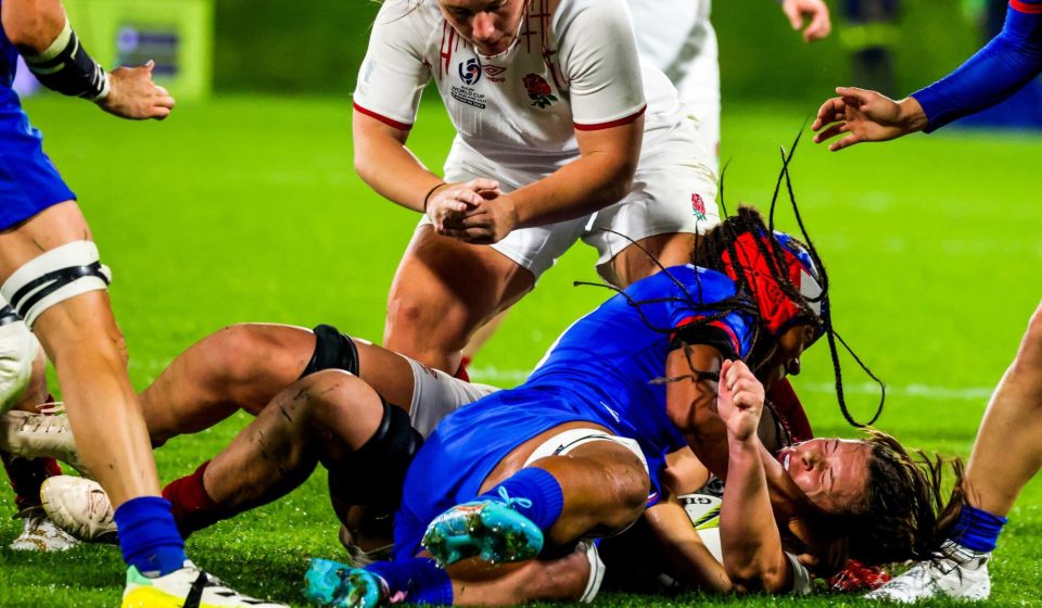 France's Safi Ndiaye tackles England's Abbie Ward during the 2022 Women's Rugby World Cup match between England and France at Northland Events Centre, New Zealand on Sunday, 15 October 2022. Photo: Dave Lintott / lintottphoto.co.nz