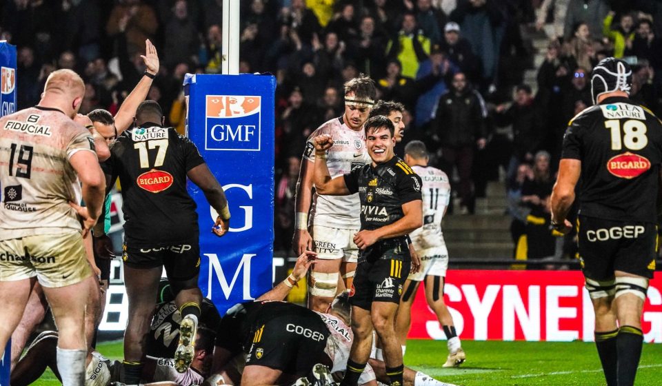 Thomas BERJON of La Rochelle celebrates during the Top 14 La Rochelle and Toulouse on January 7, 2023 in La Rochelle, France. (Photo by Eddy Lemaistre/Icon Sport)