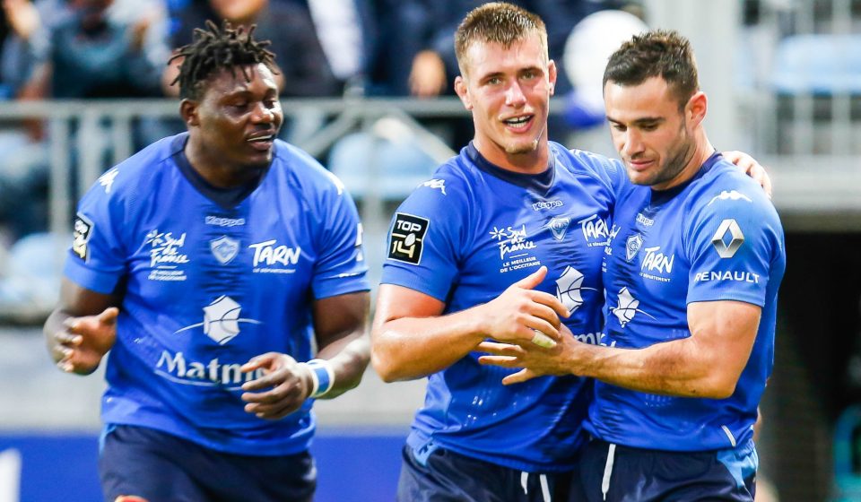 Geoffrey PALIS Castres Olympique celebrates his try with Baptiste DELAPORTE during the Top 14 match between Castres and Stade Francais on October 5, 2019 in Castres, France. (Photo by Laurent Frezouls/Icon Sport) - Geoffrey PALIS - Baptiste DELAPORTE - Stade Pierre Fabre - Castres (France)