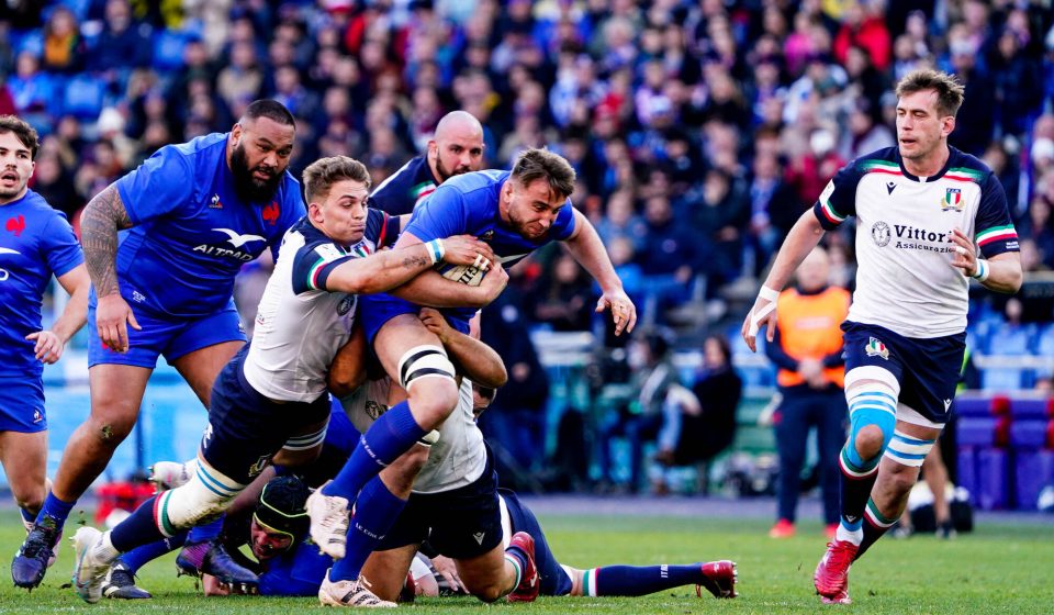 Uini ATONIO of France and Anthony JELONCH of France during the Six Nations Tournament match between Italy and France at Stadio Olimpico on February 5, 2023 in Rome, Italy. (Photo by Sandra Ruhaut/Icon Sport)