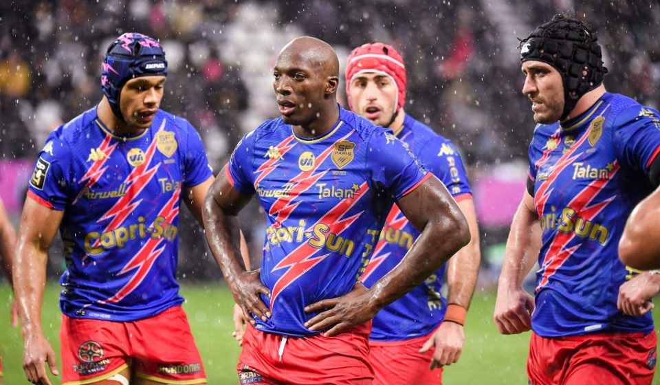 Pierre-Henri AZAGOH of Stade Francais and Sekou MACALOU of Stade Francais and Mathieu HIRIGOYEN of Stade Francais and Paul GABRILLAGUES of Stade Francais  during the Top 14 match between Stade Francais Paris and Racing 92 at Stade Jean-Bouin on November 18, 2023 in Paris, France. (Photo by Sandra Ruhaut/Icon Sport)