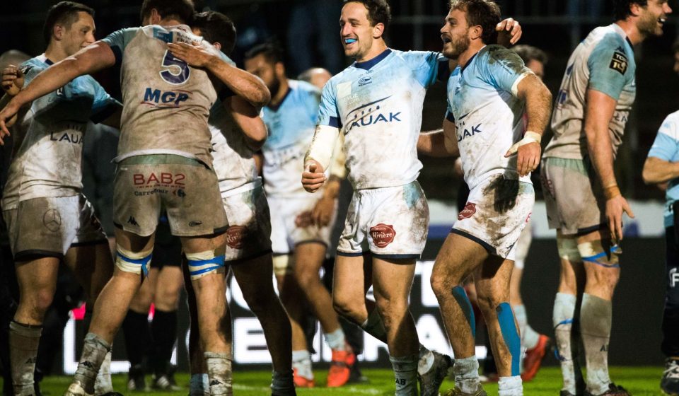 Team of Bayonne celebrates during the Top 14 match between Aviron Bayonnais and Toulouse on February 29, 2020 in Bayonne, France. (Photo by JF Sanchez/Icon Sport) - --- - Stade Jean Dauger - Bayonne (France)