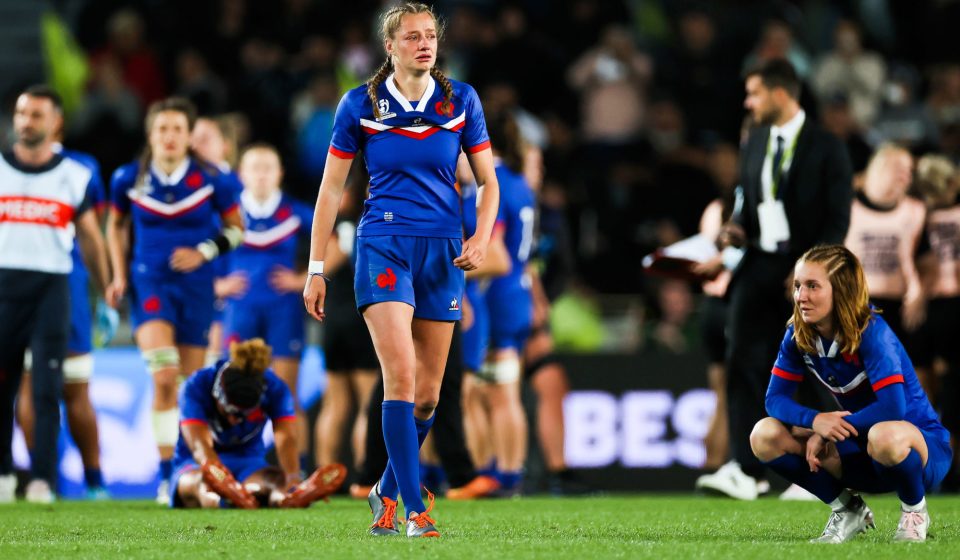 France's Emilie Boulard dejected after the game during the 2022 Women's Rugby World Cup semifinal between the New Zealand Black Ferns and France at Eden Park in Auckland, New Zealand on Saturday, 5 November 2022.