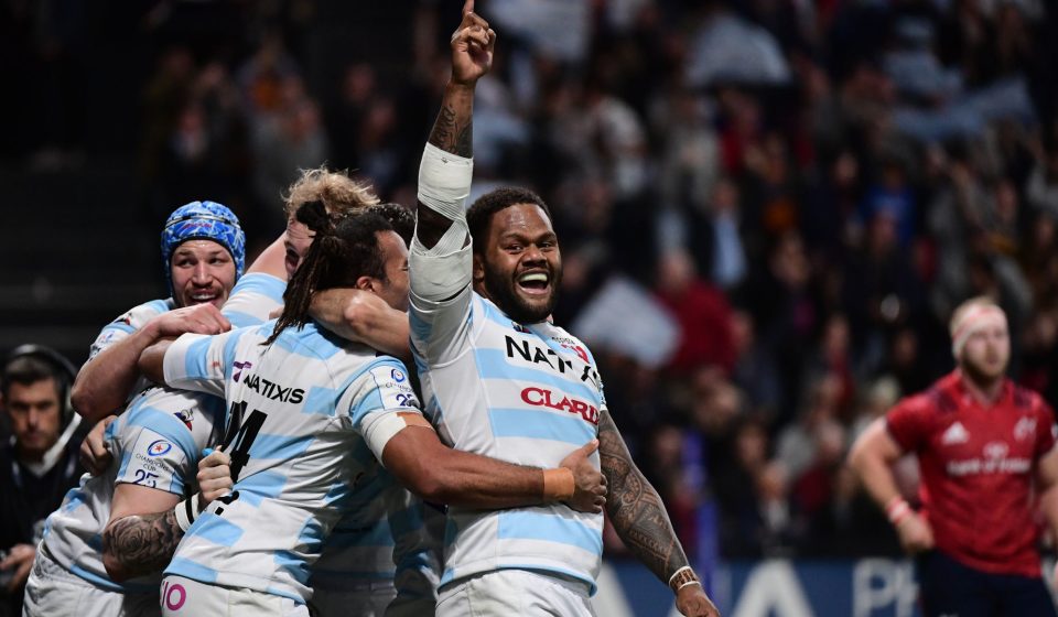 The Racing 92 players, including Virimi VAKATAWA of Racing 92 (right), celebrate a late bonus points try from Juan IMHOFF of Racing 92 (hidden) during the European Rugby Champions Cup Pool 4 match between Racing 92 and Munster on January 12, 2020 in Nanterre, France. (Photo by Dave Winter/Icon Sport) - --- - Juan IMHOFF - Paris La Defense Arena - Paris (France)