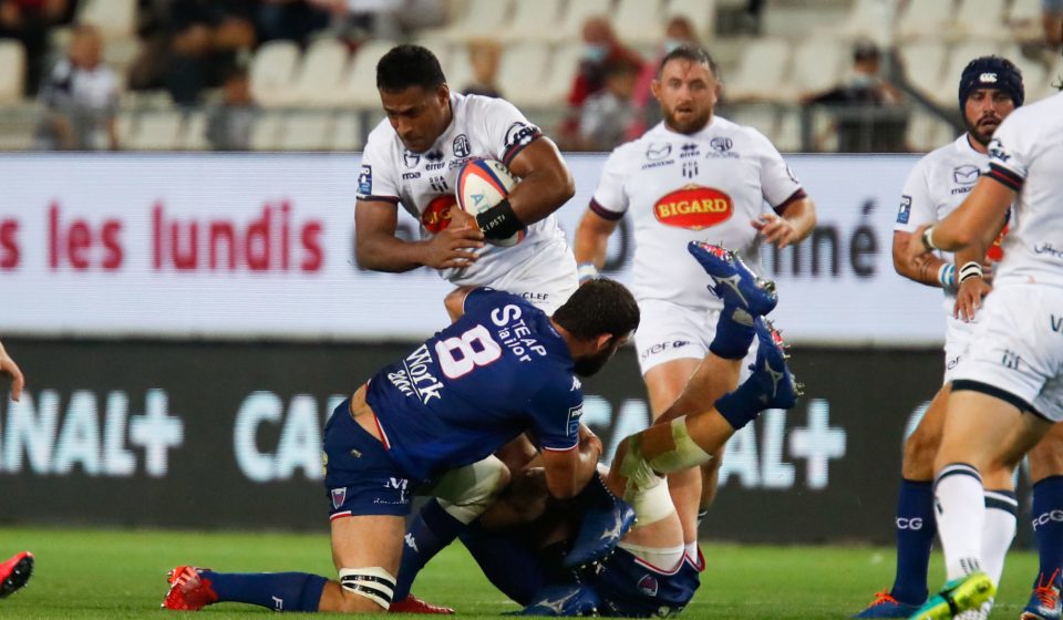 Fotu LOKOTUI of Agen and Thibaut MARTEL of Grenoble during the Pro D2 match between Grenoble and Agen at Stade des Alpes on September 9, 2021 in Grenoble, France. (Photo by Romain Biard/Icon Sport) - Stade des Alpes - Grenoble (France)