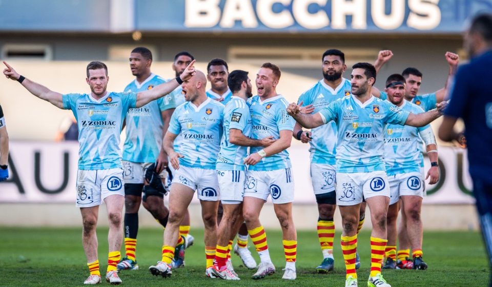 USAP team celebrating the win  during the Top 14 match between Union Sportive Arlequins Perpignanais and Racing 92 at Stade Aime Giral on February 3, 2024 in Perpignan, France. (Photo by Baptiste Lhuilier/Icon Sport)