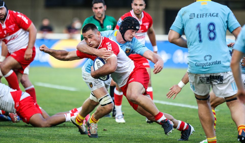 Lucas PEYRESBLANQUES of Biarritz score his try during the play-off match Pro D2 between Perpignan and Biarritz on June 5, 2021 in Montpellier, France. (Photo by Johnny Fidelin/Icon Sport)