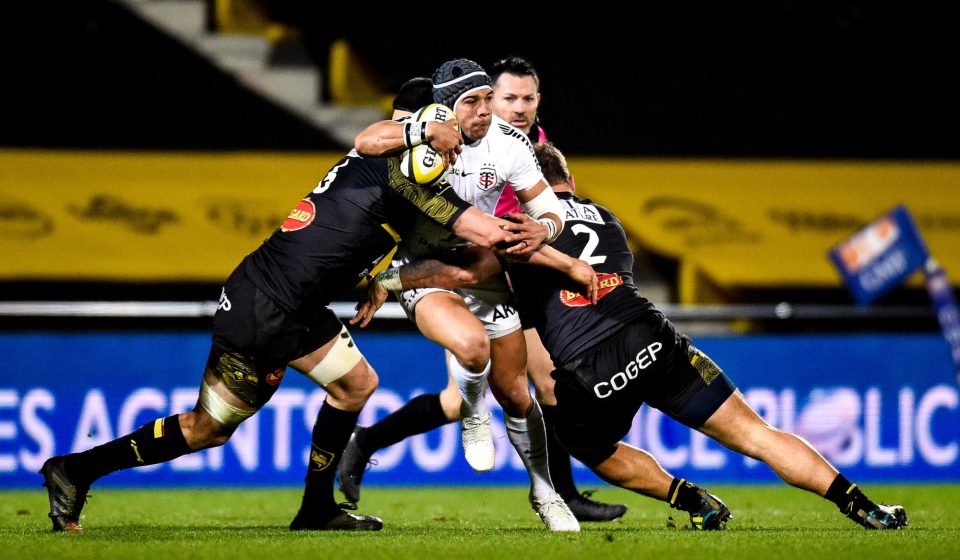 Remi BOURDEAU of Stade Rochelais, Cheslin KOLBE of Stade Toulousain and Facundo BOSCH of Stade Rochelais during the Top 14 match between La Rochelle and Toulouse on February 27, 2021 in La Rochelle, France. (Photo by Hugo Pfeiffer/Icon Sport) - Cheslin KOLBE - Facundo BOSCH - Remi BOURDEAU - Stade Marcel-Deflandre - La Rochelle (France)