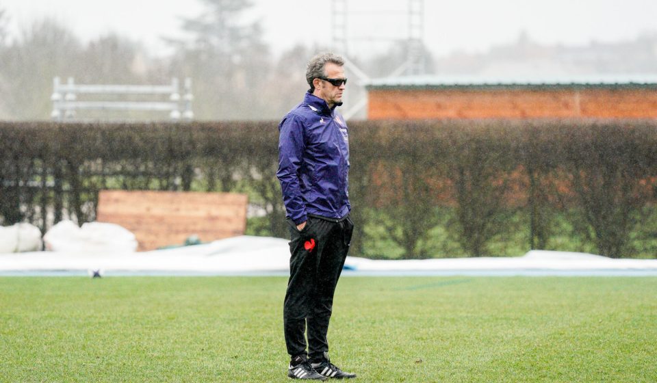 France head coach Fabien Galthie in the rain during the training session of the France team on February 7, 2024 in Marcoussis, France. (Photo by Dave Winter/Icon Sport)