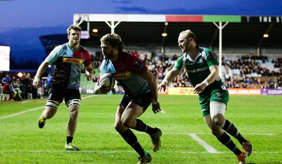 Harlequins' Luke Wallace scores his side's first try during the European Challenge Cup, quarter final match at Twickenham Stoop, London.