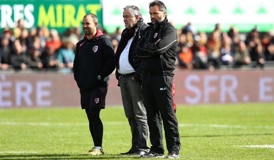 Assistant coach Jean Baptiste Elissalde, President Rene Bouscatel and Head Coach Ugo Mola of Toulouse during the French Top 14 rugby union match between Brive v Toulouse at Stade Amedee Domenech on March 5, 2016 in Brive, France.