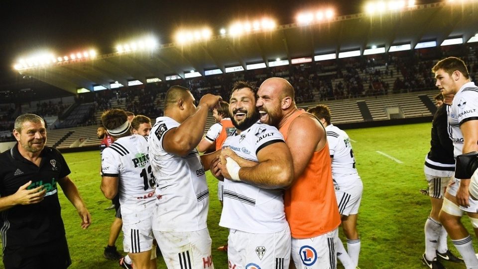 Karlen Asieshvili of Brive and Lucas Pointud of Brive celebrates his victory during the Top 14 match between Toulon and Brive at Felix Mayol Stadium on September 3, 2016 in Toulon, France. (Photo by Alexandre Dimou/Icon Sport)