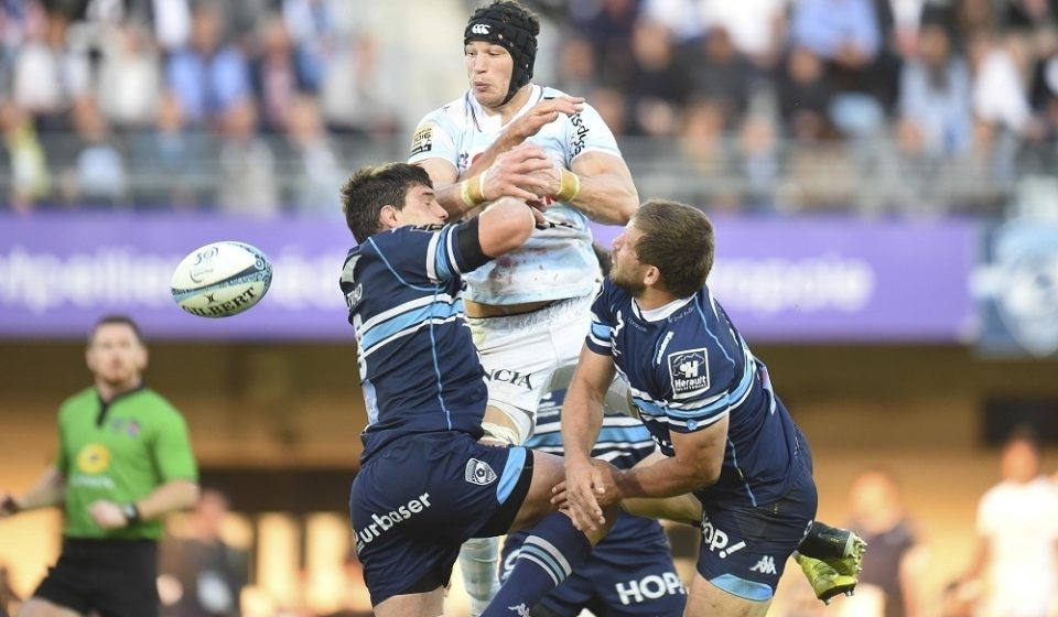 Wenceslas Lauret of Racing and Kelian Galletier and Francois Steyn of Montpellier during the Top 14 Match between Montpellier and Racing 92 on April 22, 2017 in Montpellier, France. (Photo by Alexandre Dimou/Icon Sport)