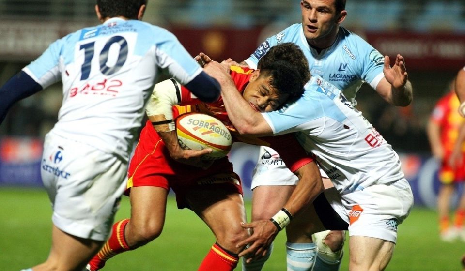 Lifeimi MAFI of Perpignan during the Rugby Pro D2 match between Usap Perpignan and Aviron Bayonnais on April 7 2016 in Perpignan.