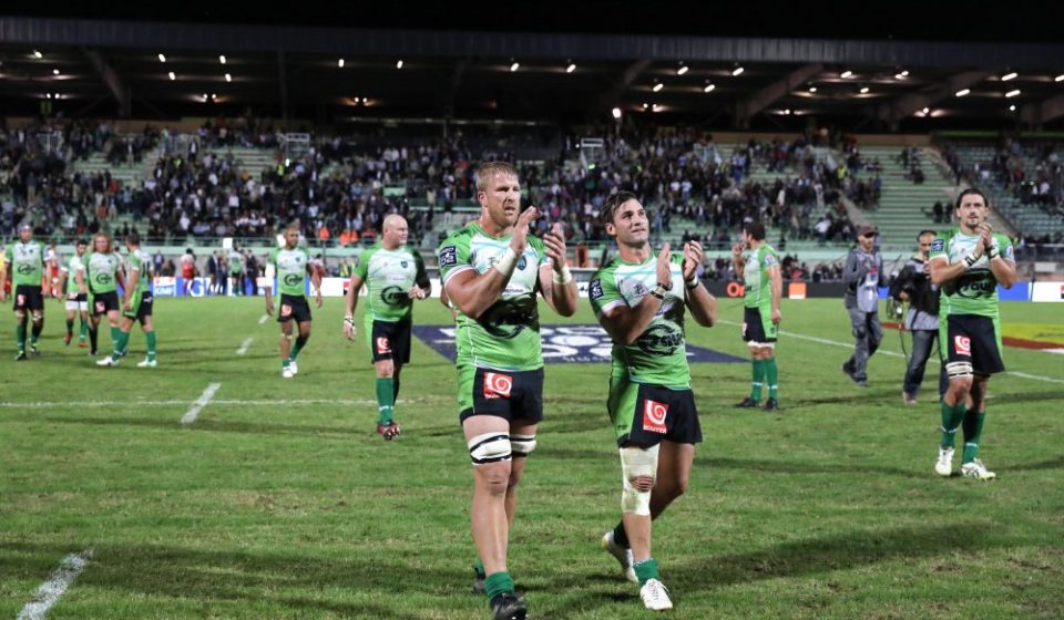 Riaan Swanepoel and Jacques Engelbrecht of Montauban celebrate victory at the end of the match during french Pro D2 match between Montauban and Grenoble on September 7, 2017 in Montauban, France. (Photo by Manuel Blondeau/Icon Sport)