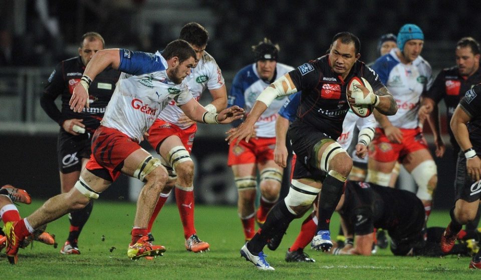 (R-L) TAIASINA TUIFUA of Lyon Lou  during the Rugby French Pro D2 match between Lyon Lou v Aurillac at MATMUT Stadium on February 25, 2016 in Lyon, France.