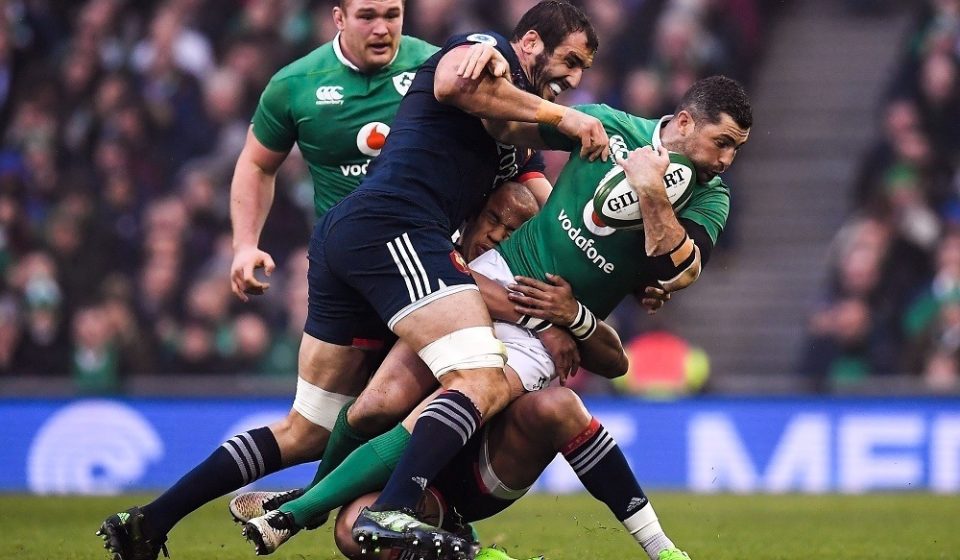 25 February 2017; Rob Kearney of Ireland is tackled by Yohann Maestri, left, and Gael Fickou of France during the RBS Six Nations Rugby Championship game between Ireland and France at the Aviva Stadium in Lansdowne Road, Dublin. Photo by Brendan Moran/Sportsfile / Icon Sport