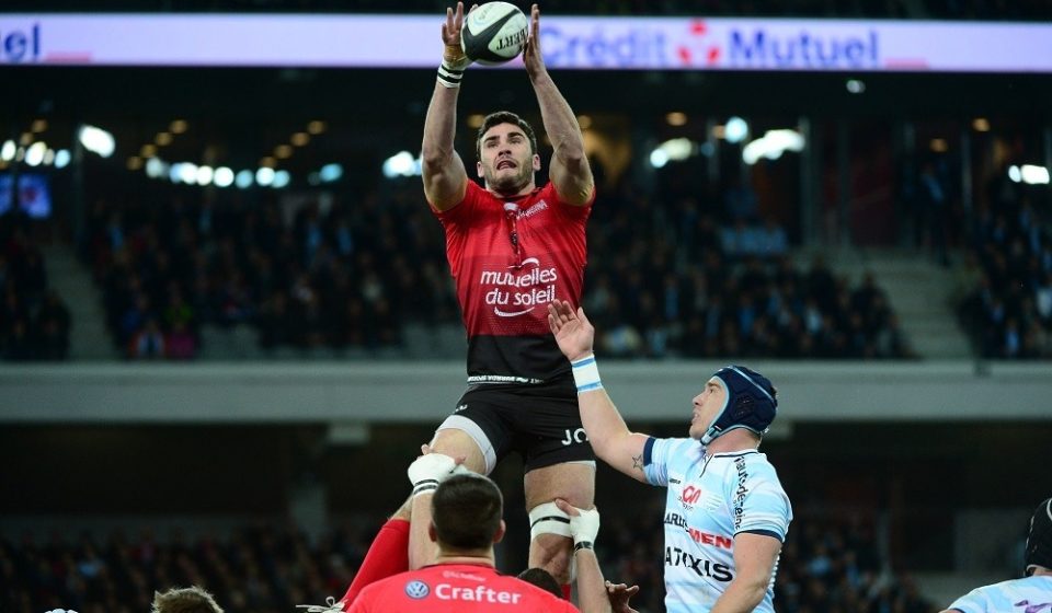 Charles Ollivon of Toulon  out jumps Bernard Le Roux of Racing 92 during the French Top 14 rugby union match between Racing 92 v RC Toulon at Stade Pierre Mauroy on March 26, 2016 in Lille, France.