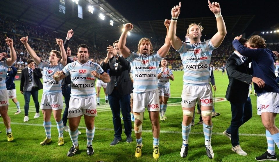 Racing 92 celebrate winning the Rugby Top 14 League semi final match between Racing 92 and Clermont Auvergne at Roazhon Park on June 17, 2016 in Rennes, France. (Photo by Dave Winter/Icon Sport)